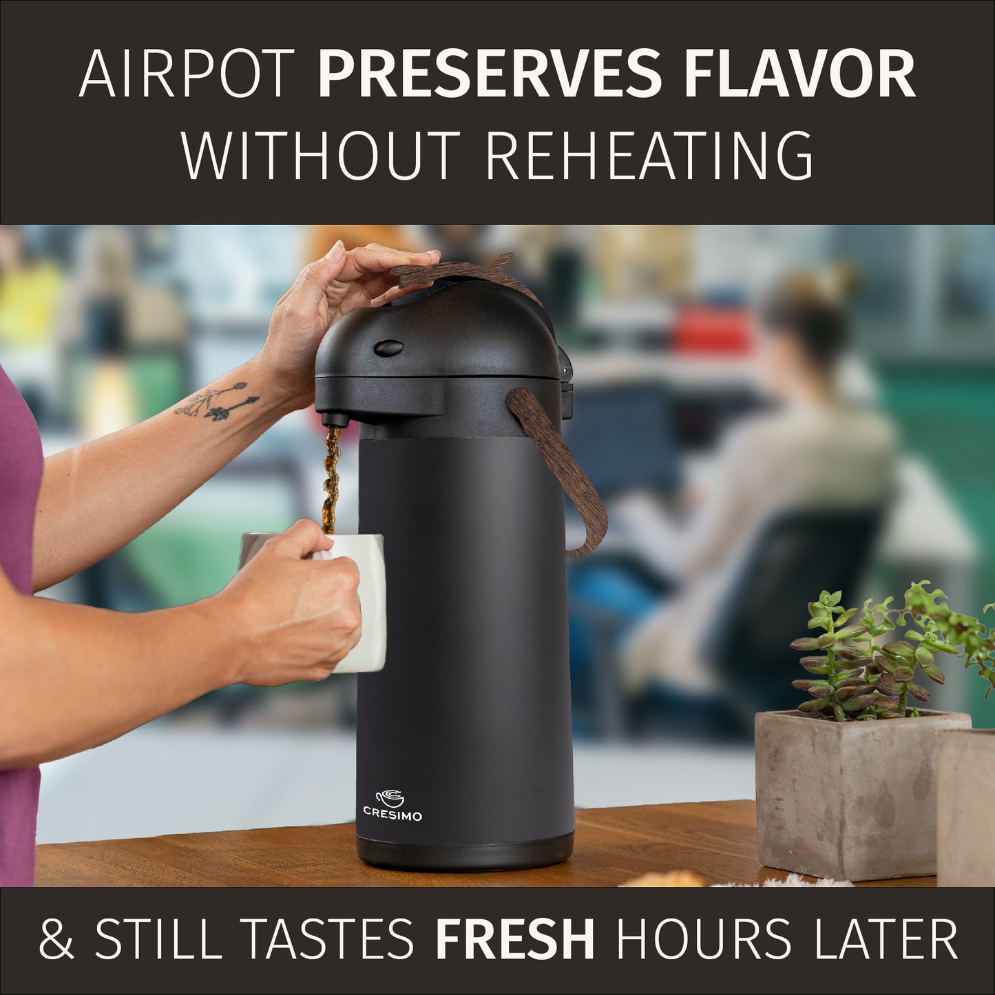 101oz (3L) Matte Black Stainless Steel Airpot – Sleek Design with Wooden Handle