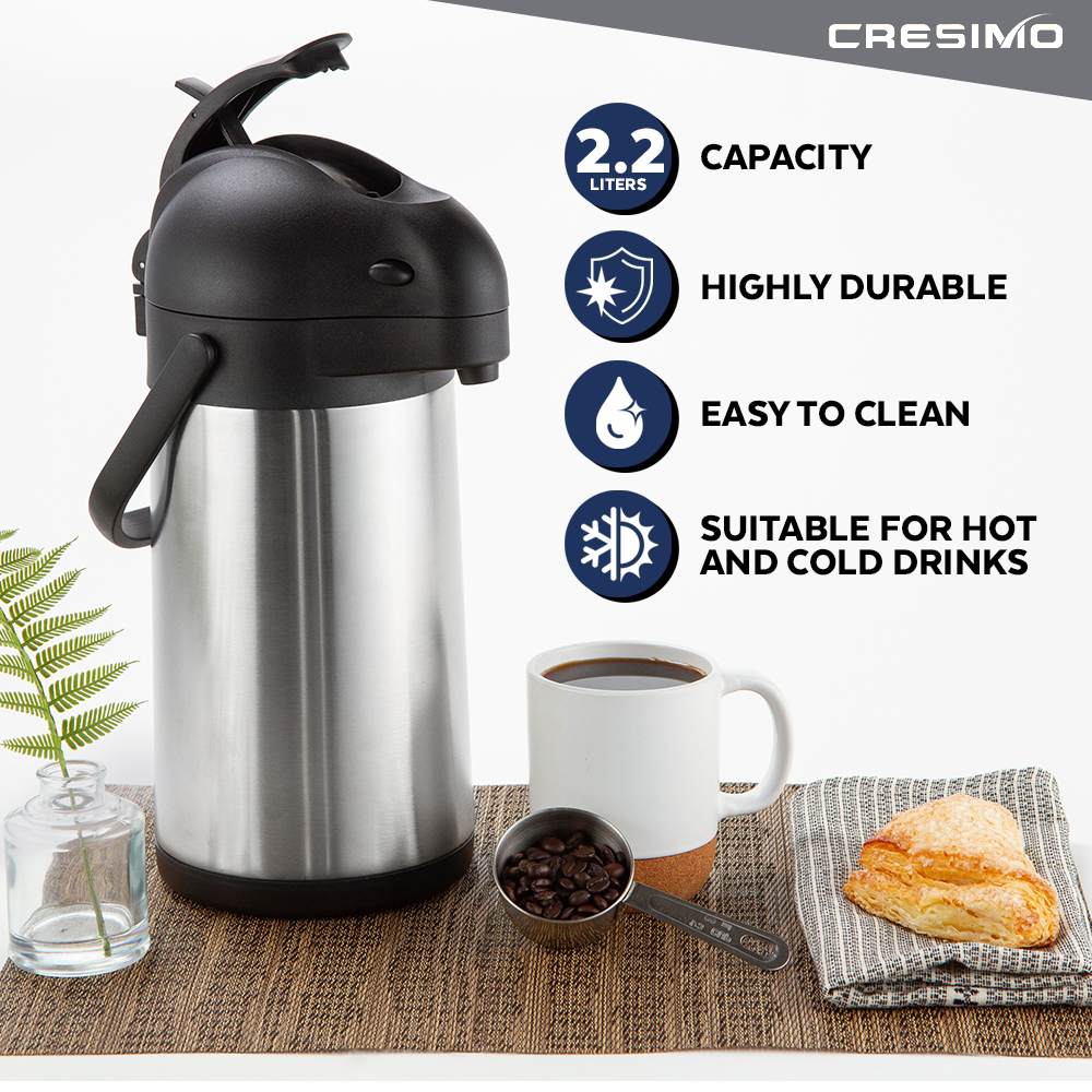  Coffee Carafe Dispenser with Pump - 101oz / 3L Airpot 24 Hours  Hot Chocolate Dispenser for Parties - Coffee Urn Hot Water Dispenser -  Insulated Stainless Steel Hot Beverage Dispenser 