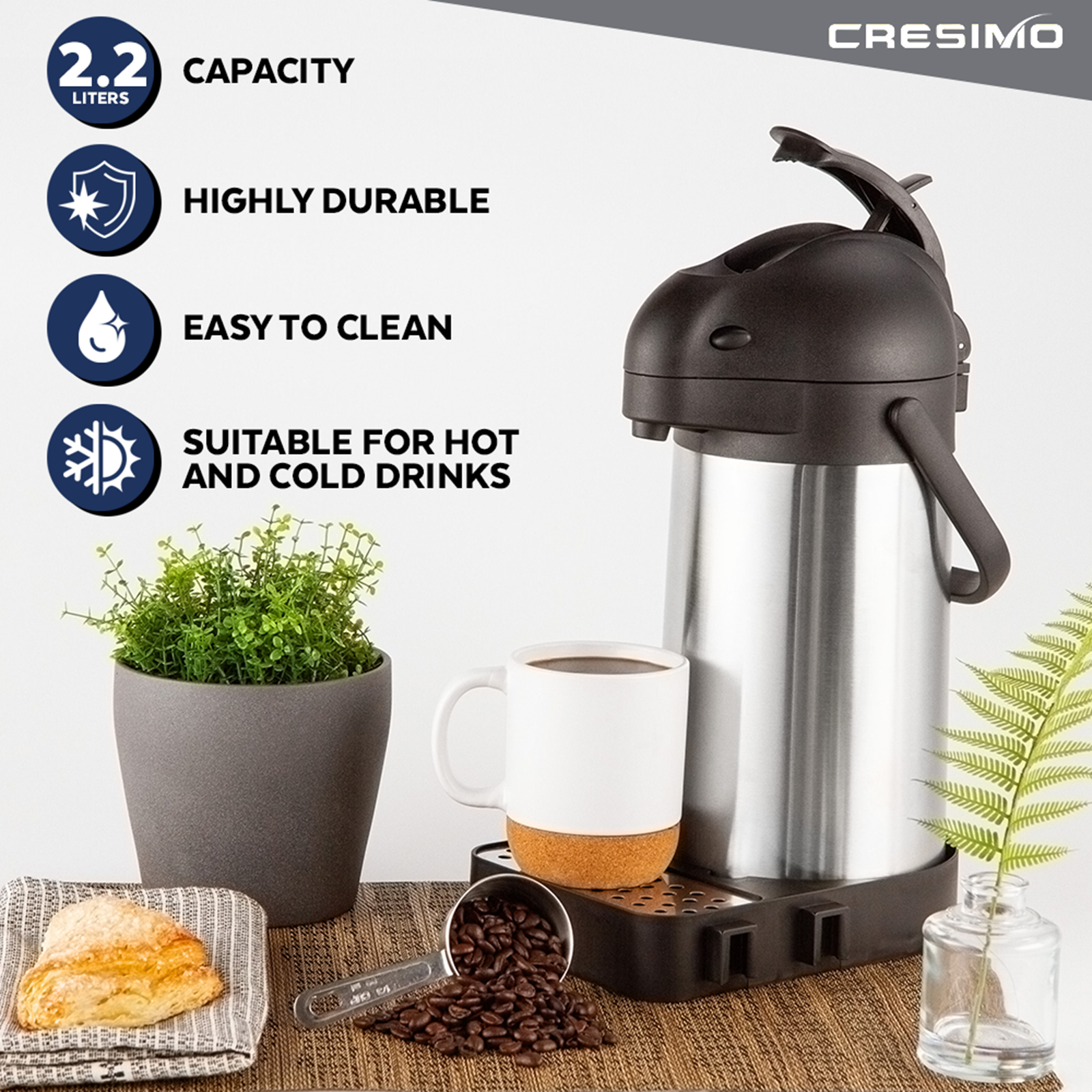 Cresimo 74 Ounce Airpot Thermal Coffee Carafe/Lever Action/Stainless Steel Insulated