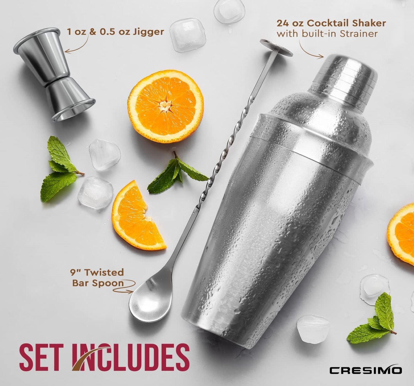 3pc Cocktail Shaker Set (24oz Cobbler Shaker) - Cresimo