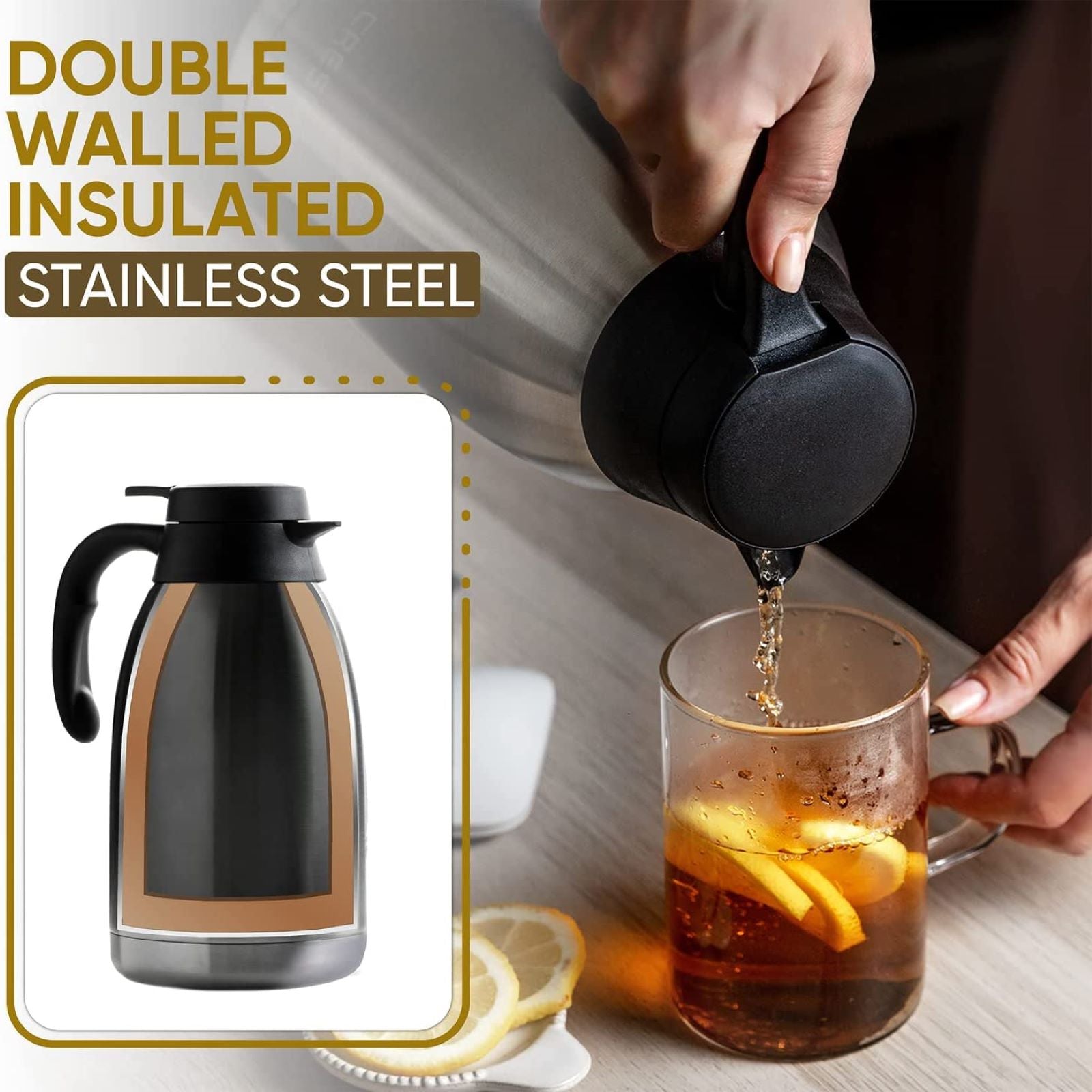 Coffee carafe & Tea carafe in one. 68oz 12hr heat retention ideal for  coffee carafes for keeping hot, 24hr cold retention. Thermal Stainless  Steel