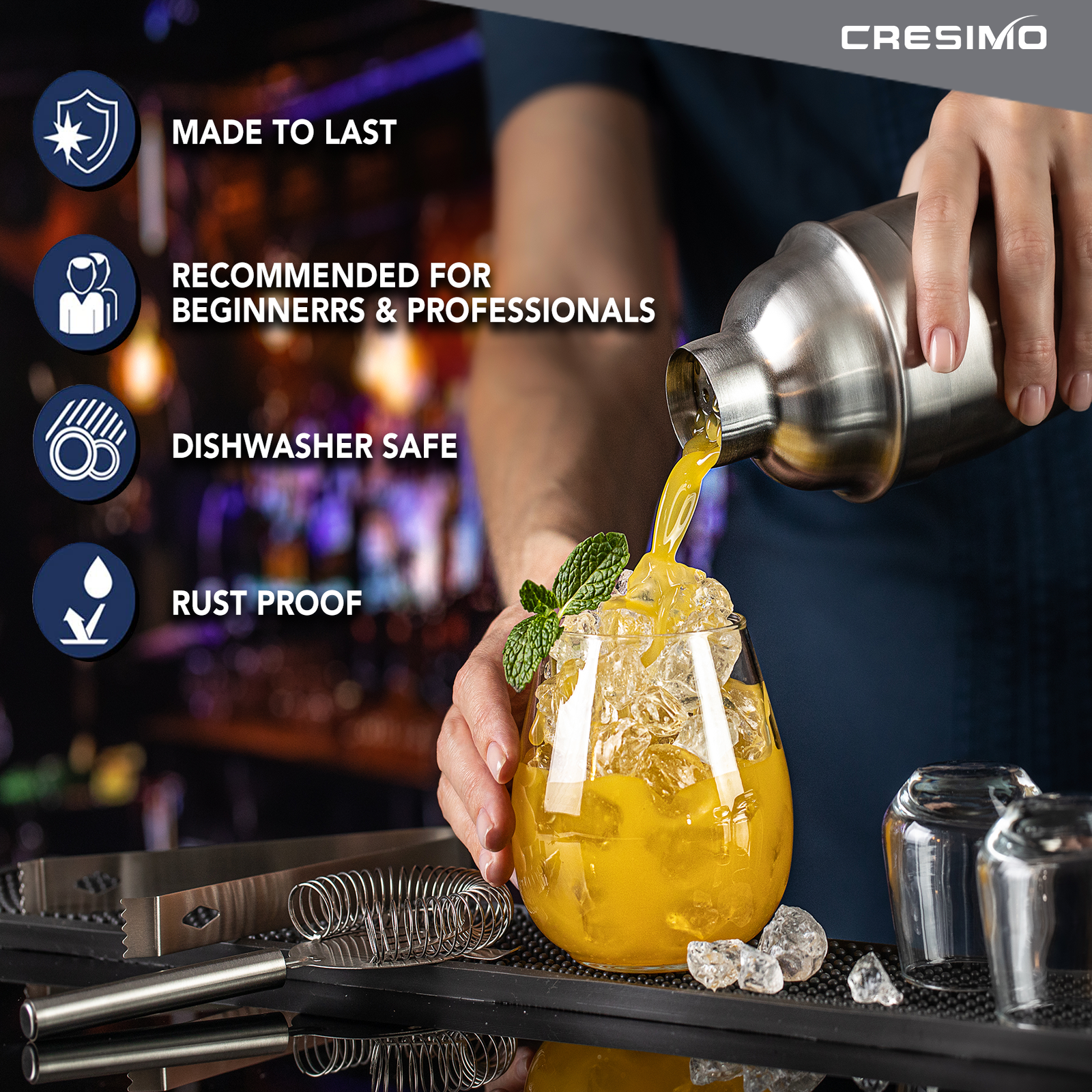 Cresimo 24 Ounce Cocktail Shaker Plus Drink Recipes Booklet - Professional Stainless Steel Bar Tools - Built-in Bartender Strainer
